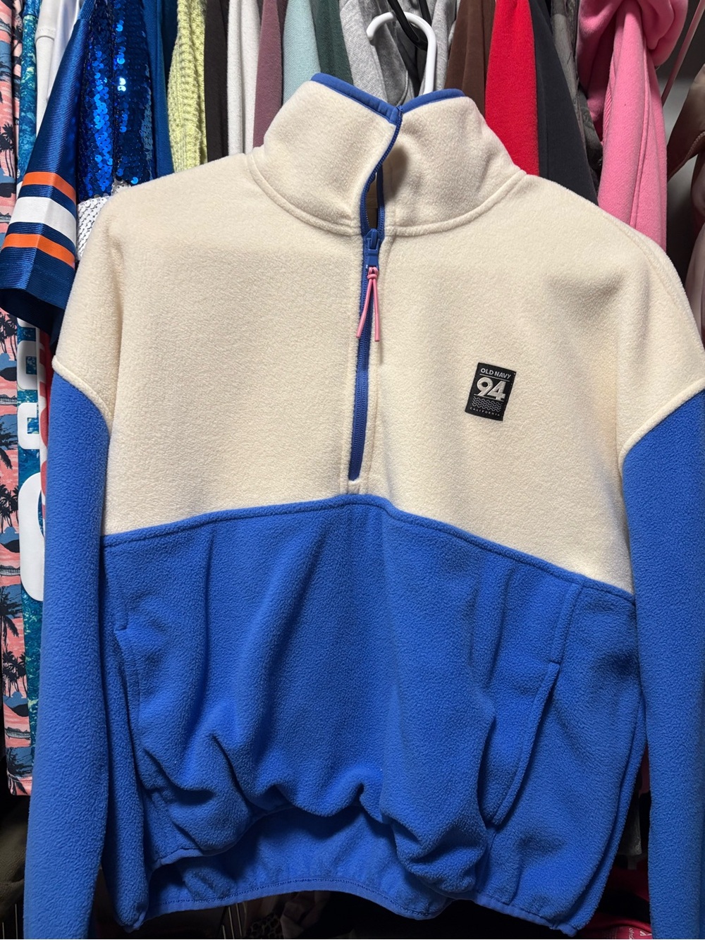 Old Navy Two-Tone Cream and Blue Half-Zip Fleece Pullover